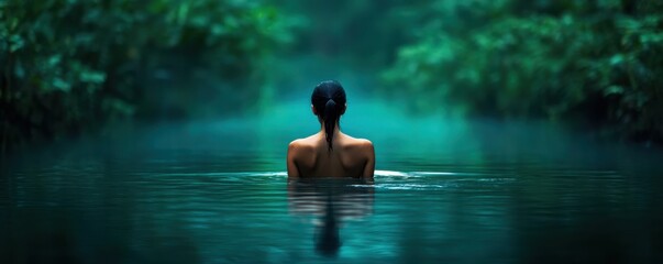 A serene figure emerges in tranquil water, surrounded by lush greenery, creating a peaceful and intimate natural escape.