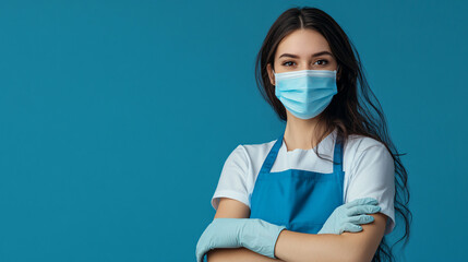 Young woman wearing a blue apron, surgical mask and latex gloves is posing with crossed arms on blue background