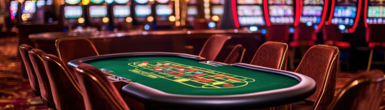 Vibrant casino interior featuring a roulette table and slot machines, creating an exciting gambling atmosphere.