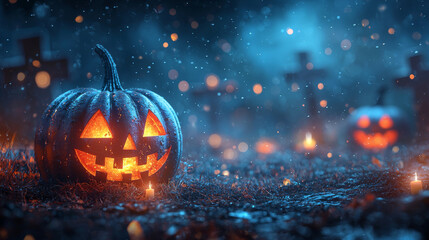 Fototapeta premium A carved pumpkin glows in a spooky graveyard setting.