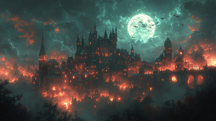 Fototapeta premium A dark castle under a full moon, silhouetted against a dramatic sky.