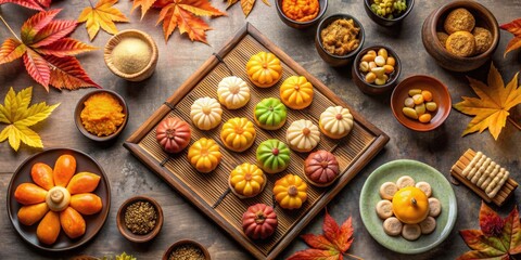 Fototapeta premium Assortment of traditional Korean Chuseok desserts arranged on table for autumn harvest festival