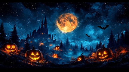 Spooky Halloween scene with a glowing full moon, pumpkins, and bats.