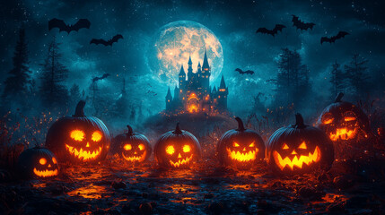Fototapeta premium Spooky pumpkins glow in a dark forest under a full moon.