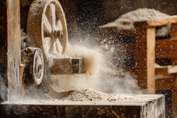 A traditional flour mill in action, grinding flour with a cloud of dust filling the air, capturing a timeless craft.