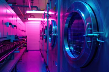 Row of industrial washing machines with round doors in empty laundry facility illuminated with neon lights