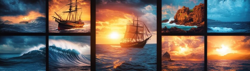 Fototapeta premium A stunning collage of seascapes featuring ships, waves, and dramatic skies at sunset, perfect for maritime and adventure themes.