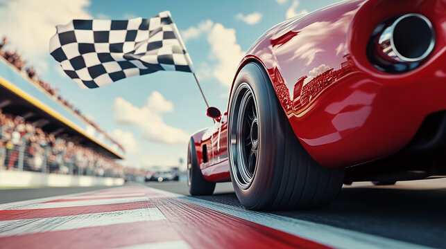 A red race car with a checkered flag is passing the finish line, with a blurred background of the racing track and a crowd cheering in a blurry motion effect.