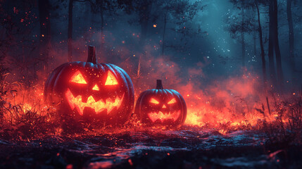 Naklejka premium Two jack-o'-lanterns glow in a spooky forest setting.