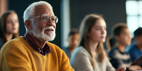 Obraz premium The Knowledgeable Teacher: An elderly man teaching a class of attentive students.