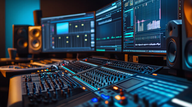 A professional audio editing setup with multiple screens, mixers and sound waves, ideal for creating and editing music.