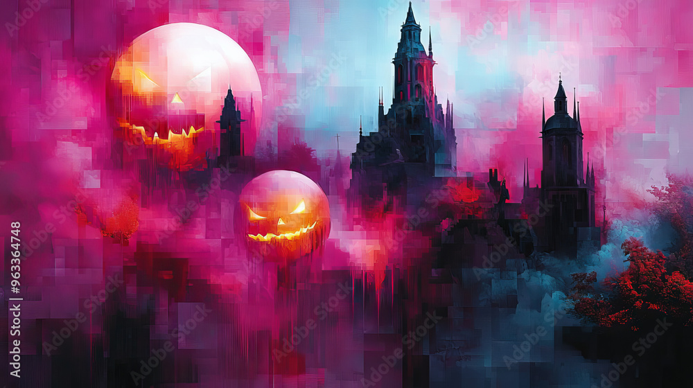 Wall mural Spooky Halloween Jack-o-Lantern moons over a creepy town.