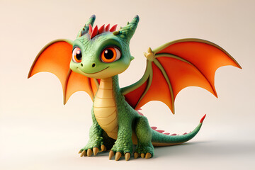Fototapeta premium A cute green dragon with orange wings sits and smiles with a white background.