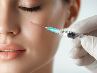Close-up of a woman receiving a cosmetic injection, showcasing beauty and aesthetic treatments with focus on facial enhancement.
