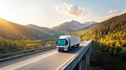 Obraz premium A white truck travels along a scenic highway surrounded by mountains and trees during sunset, capturing a moment of transportation.