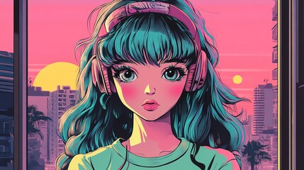 Anime Girl with Pink Headphones Looking Out of a Window in Cityscape 1980'