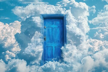 A surreal image of a blue door floating amidst clouds in the sky, evoking feelings of mystery and the boundless possibilities of imagination.
