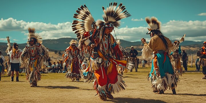 Two Native American men in traditional regalia dance in a field with a blue sky and fluffy white clouds.