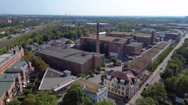 Leipzig cotton spinning mill brick buildings Spectacular aerial view drone