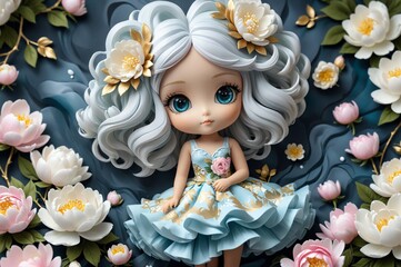 Cute little 3D doll in children's cartoon style, animated fantasy. Artistic background. Art illustration. Book illustration. Cartoon stylized illustrated art.