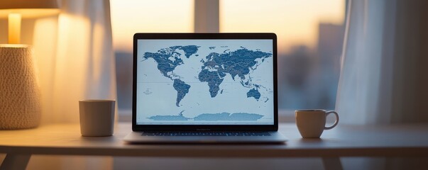 Fototapeta premium A laptop displaying a world map on a desk with a cozy ambiance, perfect for remote work and global exploration.