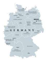 Germany, 16 constituent states with borders and capitals, gray political map. Officially the Federal Republic of Germany, a country in Central Europe with capital Berlin. Isolated illustration. Vector