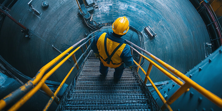 A dedicated worker in protective gear descends into an industrial tank, emphasizing the importance of safety and maintenance practices to ensure safe operation.