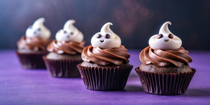 Chocolate cupcakes with ghost shaped frosting and eyes on purple background for spooky Halloween decorations