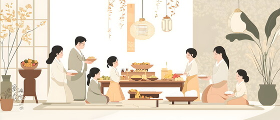 Flat llustration of families gathered around an altar, partaking in the Charye ceremony, presenting rice and fruit offerings. Soft lighting with warm pastel tones