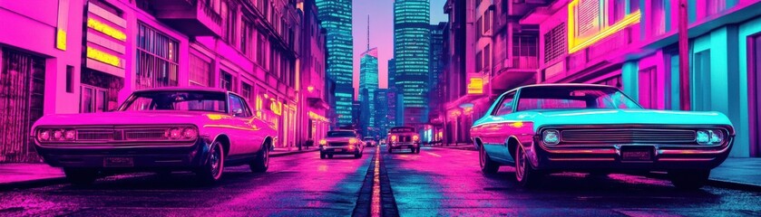 A vibrant city street at night, featuring classic cars illuminated by neon lights, creating a retro-futuristic atmosphere.