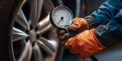 An auto mechanic uses a tire pressure gauge to inflate or top off low-pressure tires for safety during regular maintenance.