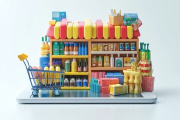 Obraz premium Online Shopping Concept with Miniature Grocery Store and Shopping Cart.