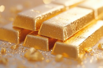 Closeup of Stacked Gold Bars on Glittering Surface.