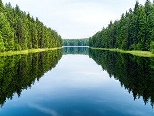 Fototapeta premium Peaceful lake surrounded by lush green trees, reflecting nature's beauty in calm waters under a clear sky.