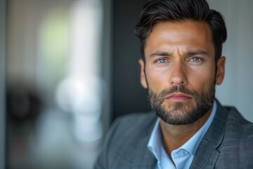 Fototapeta premium A CEO showing loathing, frowning at a proposal in a modern office with a blank background