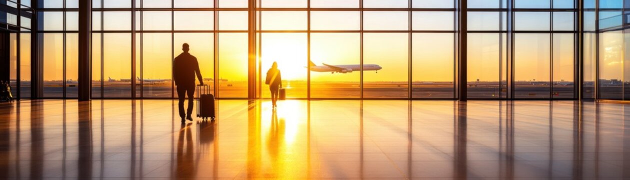 Silhouettes of travelers at an airport during sunset, capturing the essence of journey and adventure.