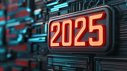 Futuristic 2025 sign glowing against high tech background, symbolizing innovation and progress.