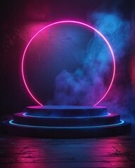 A vibrant neon circle surrounded by fog on a illuminated platform creates a modern atmospheric backdrop for photography.