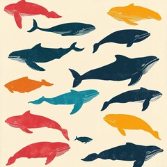 Set of Colorful Illustrated Whales in Artistic Style