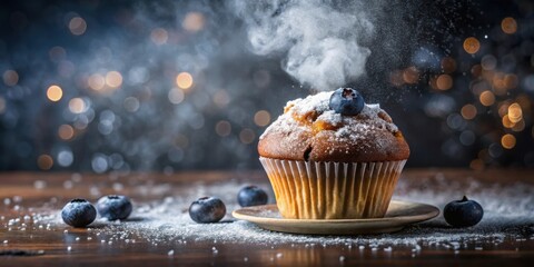 Steaming blueberry muffin with powdered sugar on dark bokeh background