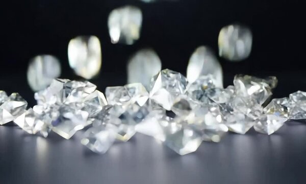 Shiny luxury diamonds falling on a floor with black background