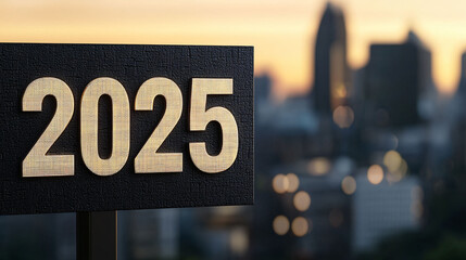 2025 sign illuminated against blurred city skyline at sunset, symbolizing future and new beginnings.