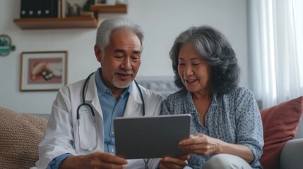 Fototapeta premium Doctor and patient discuss medical information. Doctor explains medical details to elderly woman.