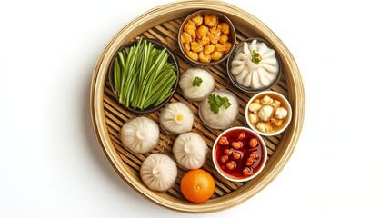 A bamboo steamer filled with various Chinese dumplings, green onions, chickpeas, and dipping sauces.