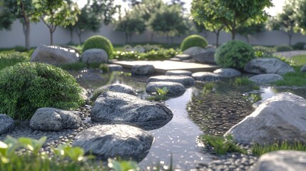 Naklejka premium Modern zen rock path in water at a Japanese garden. Meditation and spiritual concept.