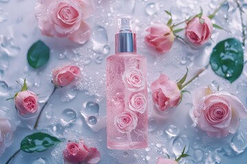 A spray bottle adorned with a delicate rose pattern, surrounded by water droplets and pink roses, enhancing the theme of beauty and care.