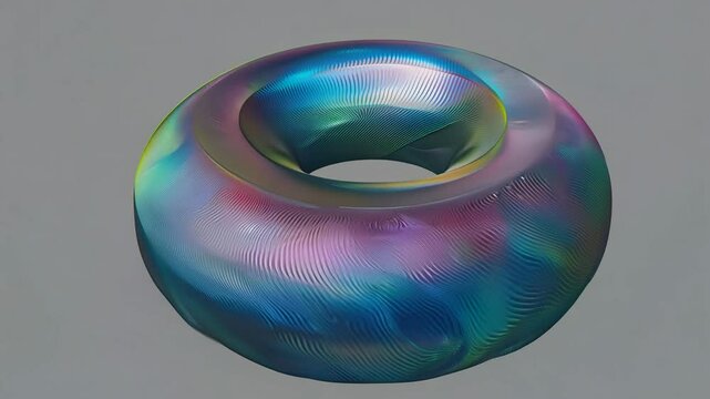 Realistic 3D animation of the abstract morphing liquid iridescent holographic torus rendered in UHD with a grey background