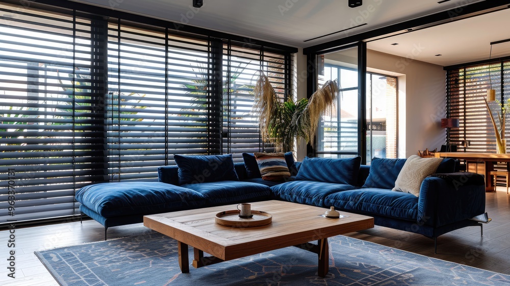 Canvas Prints Contemporary living space with blue comfy sofa and wooden coffee table by large windows and black blinds