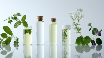 Glass Bottles of Essential Oils with Fresh Herbs and Flowers
