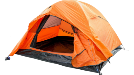 A large orange tent with a black mesh on top